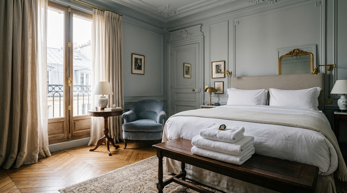 Une suite d'hôtel parisienne avec une pile de serviettes blanches au pied du lit, un petit pin émaillé posé sur la serviette du dessus