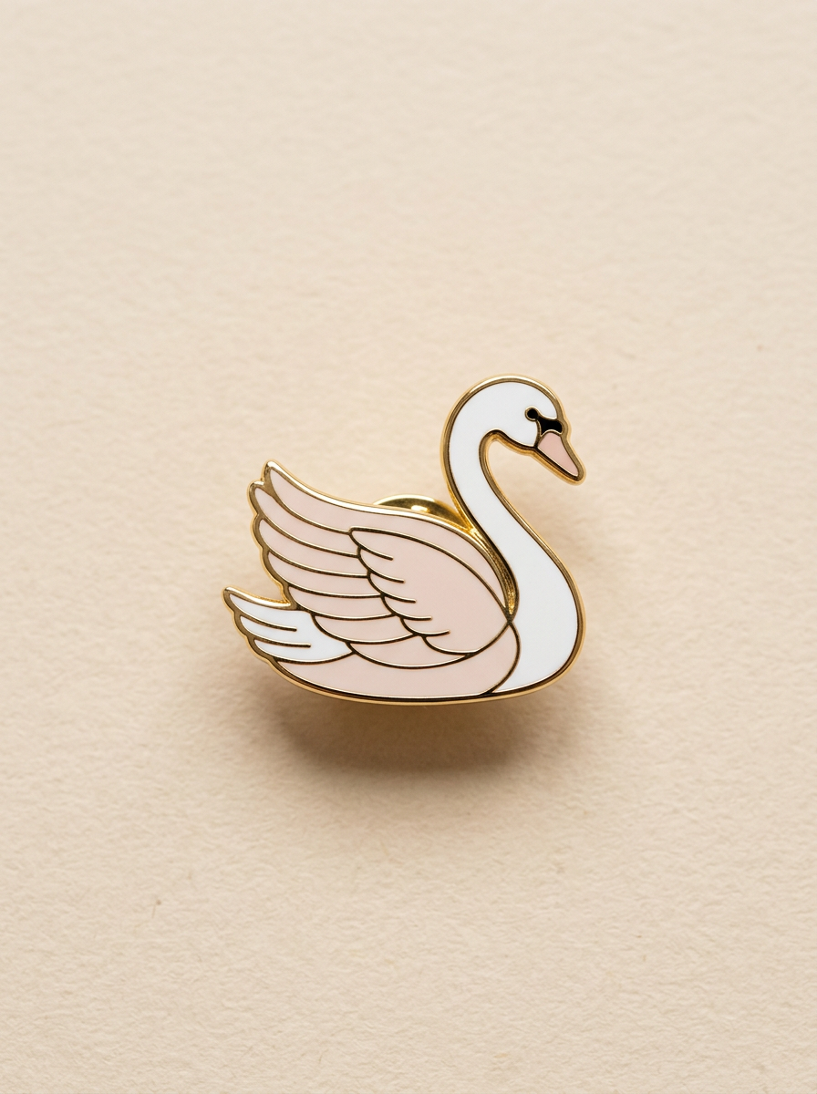 Enamel pin of a white and blush swan with a gold outline