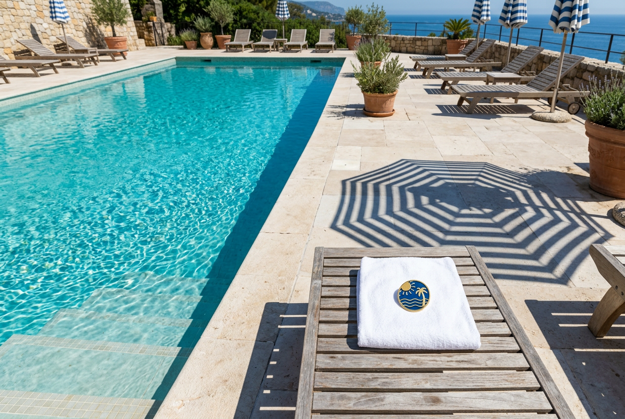 Une serviette blanche pliée sur un transat en bois près d’une piscine turquoise de la Riviera, un petit pin émaillé sur la serviette
